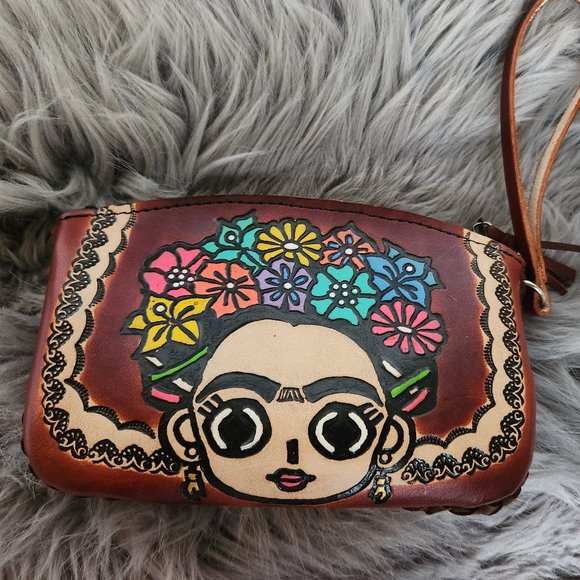 Hand Crafted Handbags - Frida Kahlo Hand-tooled Leather wristlet Wallet